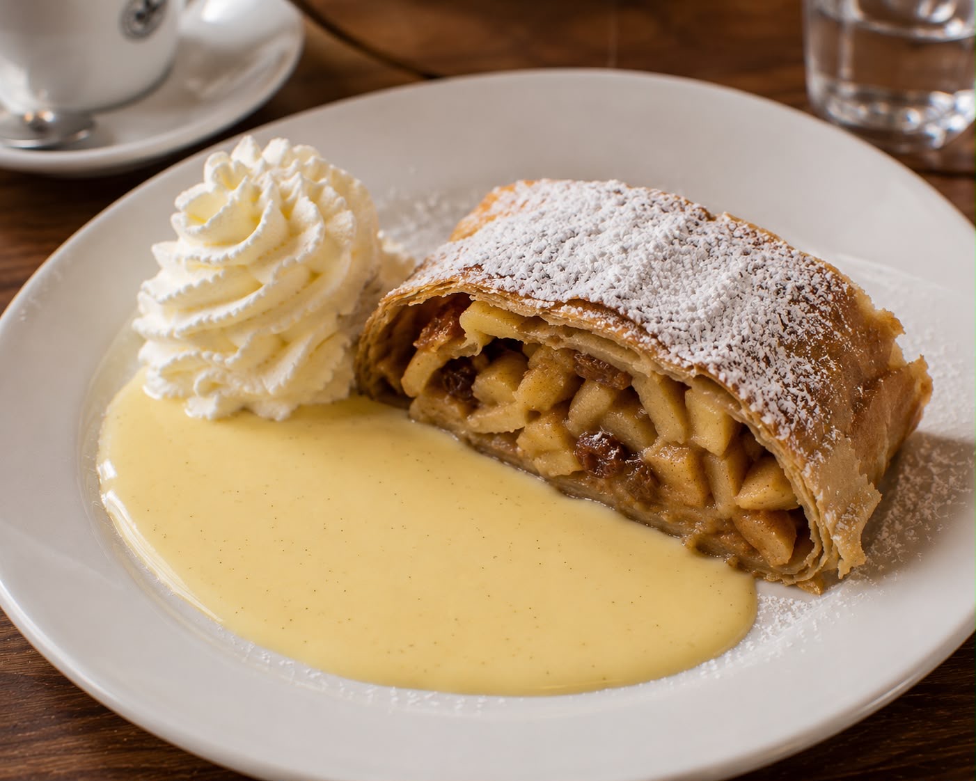 Apfelstrudel mit Vanillesauce und Schlagobers